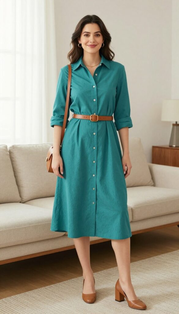 10. Teal Shirt Dress with a Belt