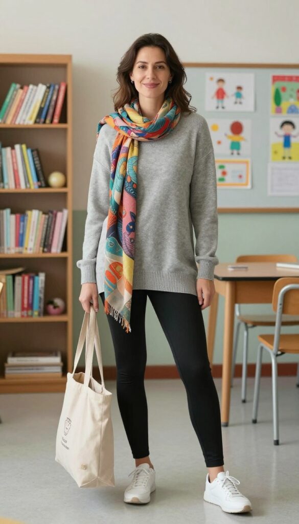 10. Tunic Top with Leggings and a Scarf