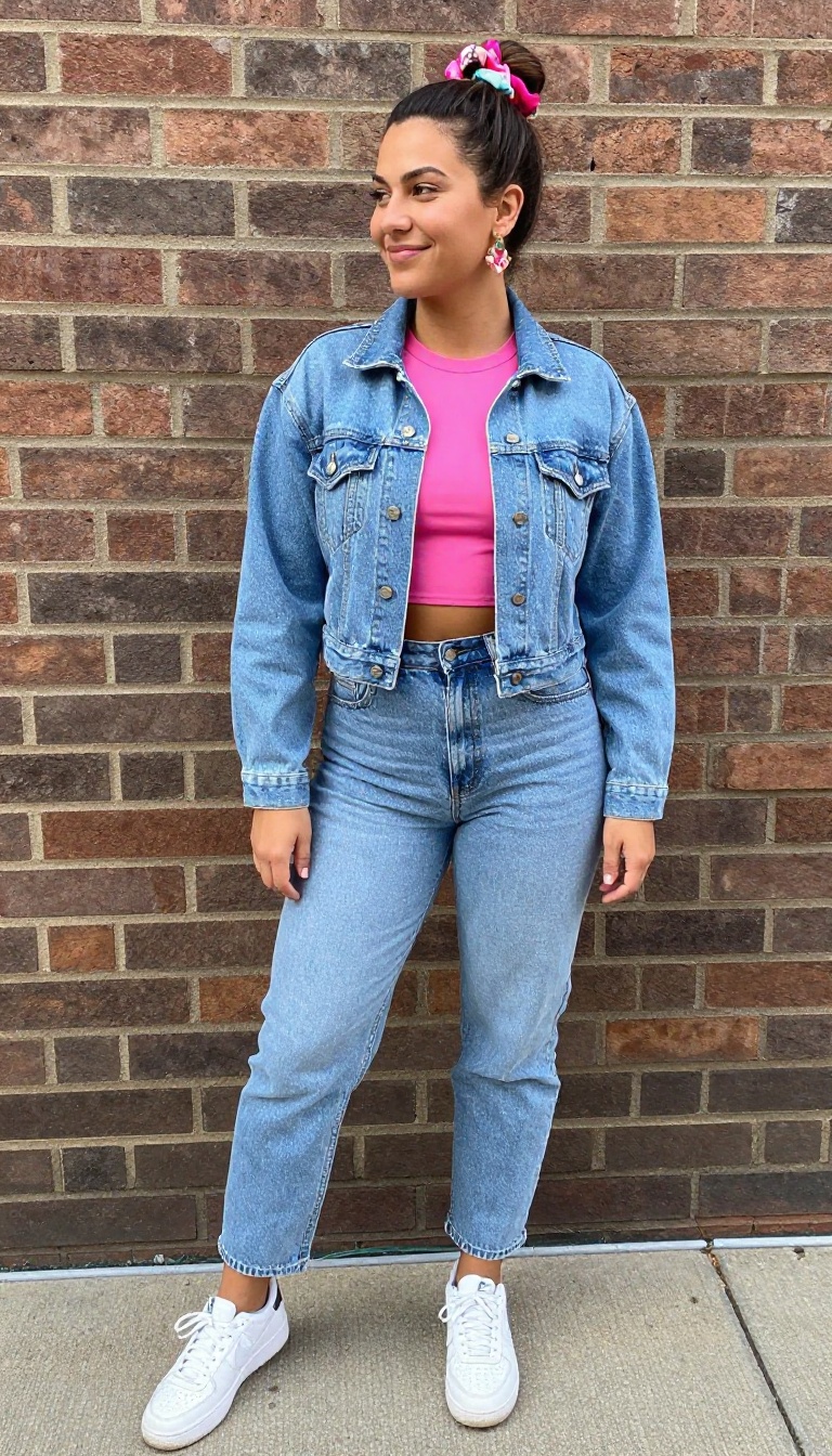 5. Denim on Denim with a Pop of Color