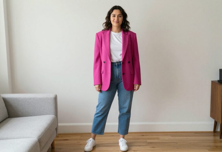 Woman wearing an oversized 80s blazer with mom jeans and white sneakers, standing in a bright living room