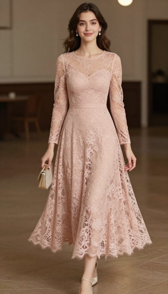 3. Romantic Lace-Overlay Dress with Long Sleeves