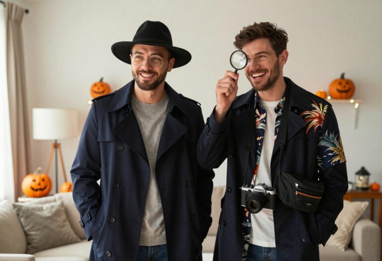 Couple in easy DIY Halloween costumes, detective and tourist, laughing together in a cozy living room
