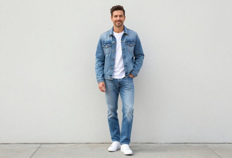Man in acid-wash denim jacket and jeans, 80s inspired outfit