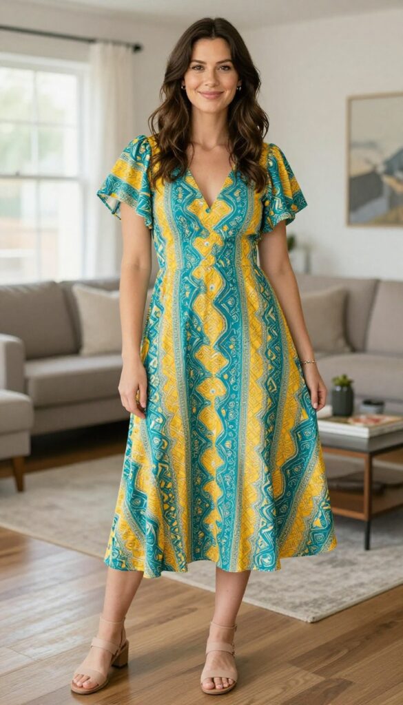 9. Vibrant Printed Dress with Flared Skirt