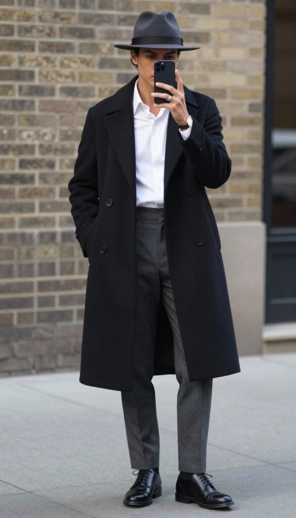 Woman with dark hair in a noir detective costume: long black coat, white shirt, charcoal trousers, brogues, and fedora, taking a mirror selfie in a city setting.