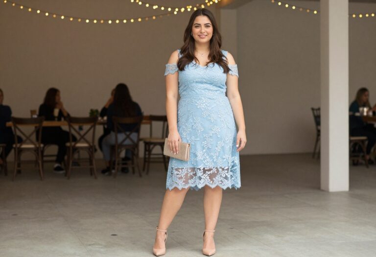Young woman in a light blue lace A-line homecoming dress, standing in a decorated venue with string lights, holding a clutch.