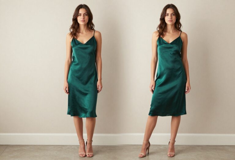 Young woman in an emerald green satin slip dress with strappy heels, standing in a neutral indoor setting.
