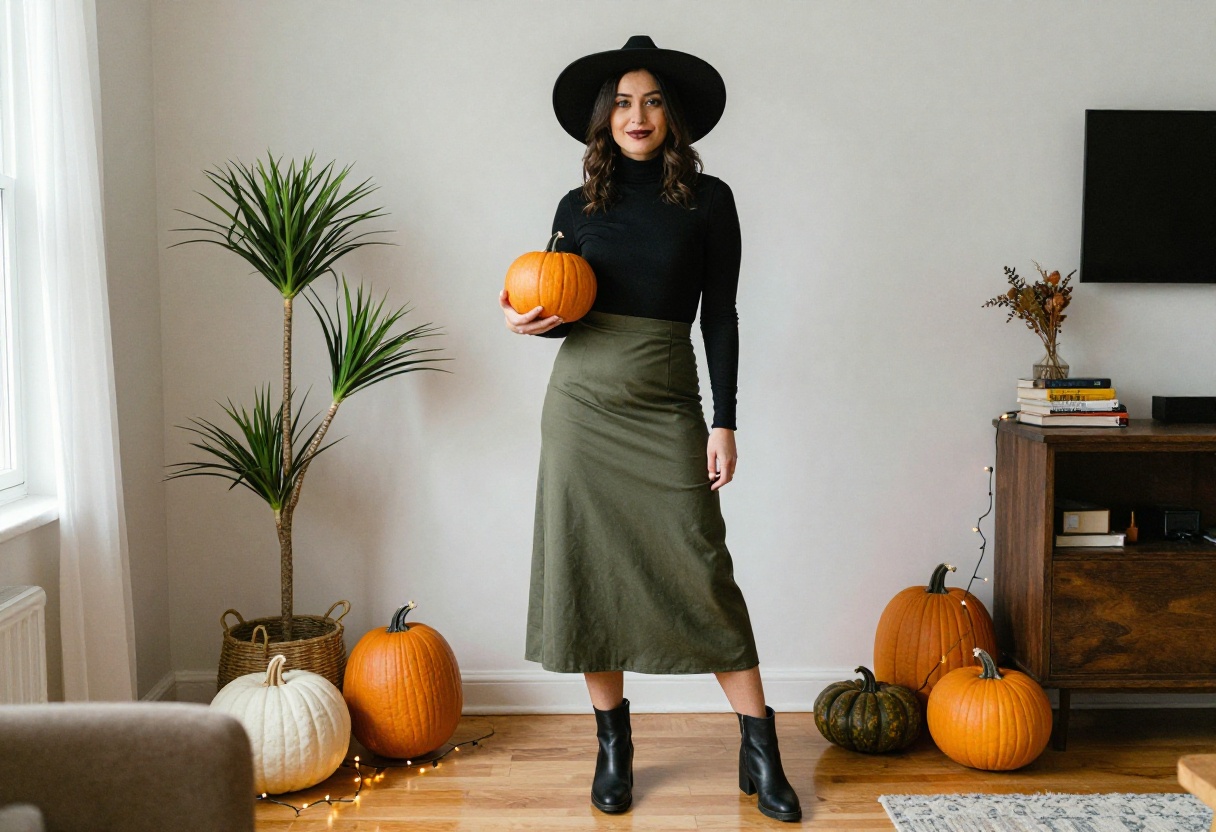 Woman wearing a stylish modern witch costume with olive skirt and black turtleneck, holding a pumpkin in a cozy living room