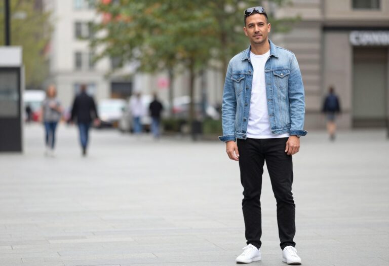 Man in 80s-inspired denim jacket and jeans outfit