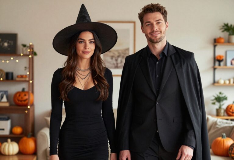 Couple in modern witch and warlock Halloween costumes posing together in a cozy living room