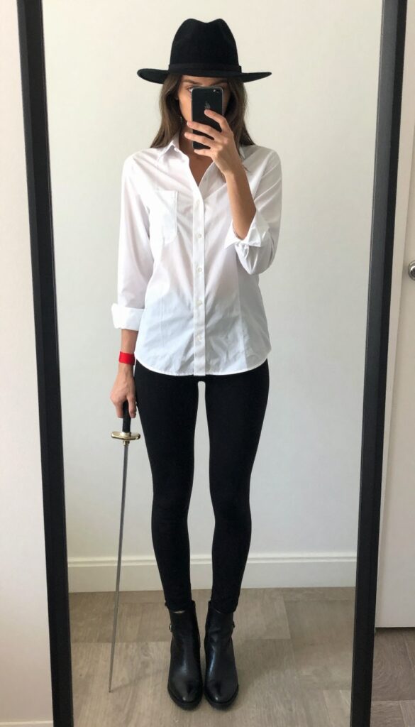 Tall woman in a modern Three Musketeers costume: white button-down shirt, black leggings, wide-brimmed hat, red sash, and toy sword, taking a mirror selfie.