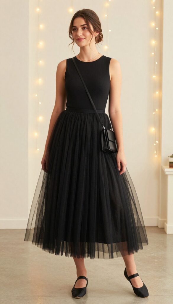 12. Black Tulle Dress with Ballet Flats