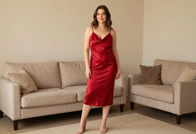 Young woman in a red satin slip dress posing in a living room