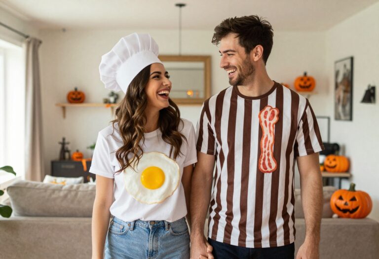 Couple wearing bacon and eggs Halloween costumes, laughing together in a cozy living room