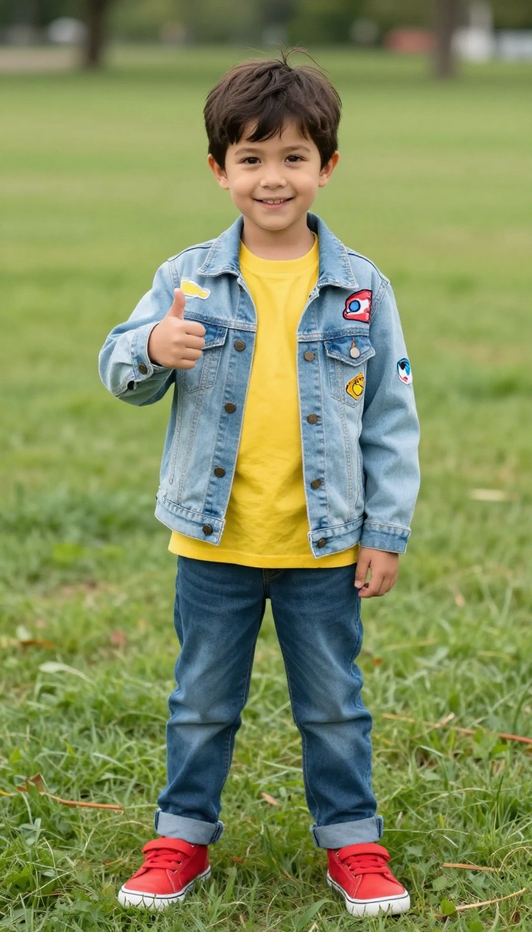2. Denim Jacket with Patches and High-Tops