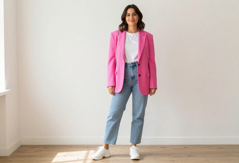 Woman wearing a neon pink blazer, mom jeans, and chunky sneakers in a bright room