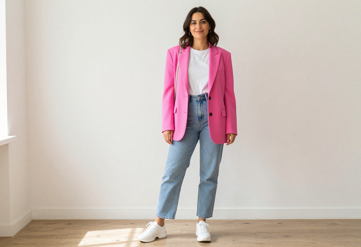 Woman wearing a neon pink blazer, mom jeans, and chunky sneakers in a bright room