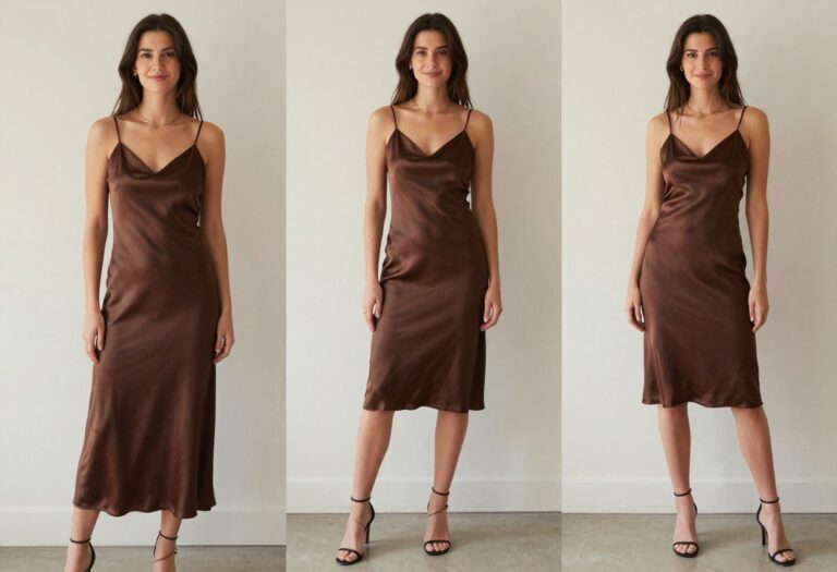 Woman in a chocolate brown satin slip dress with gold accessories for homecoming