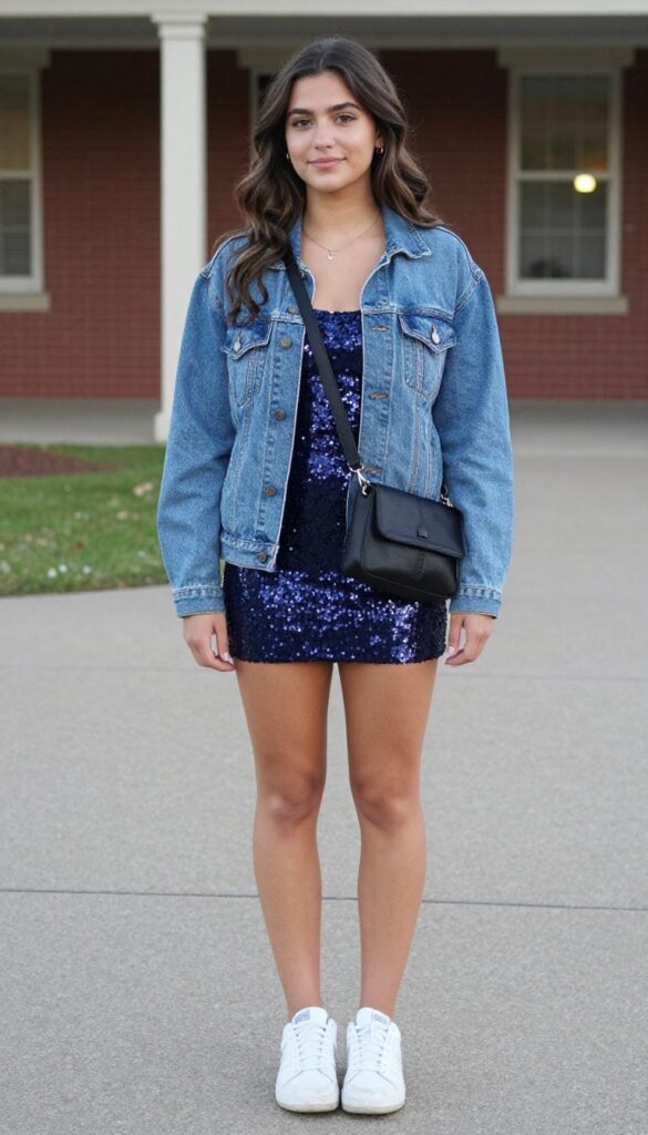 13. Navy Sequin Mini Dress with a Denim Jacket