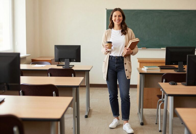 Elementary school teacher wearing a beige cardigan, white tee, jeans, and white sneakers, holding a coffee mug and books in a classroom.