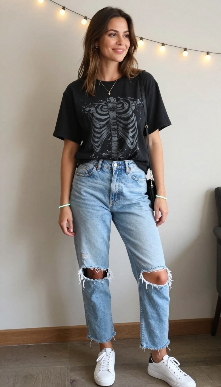 11. Casual Cool Skeleton in Graphic Tee and Jeans