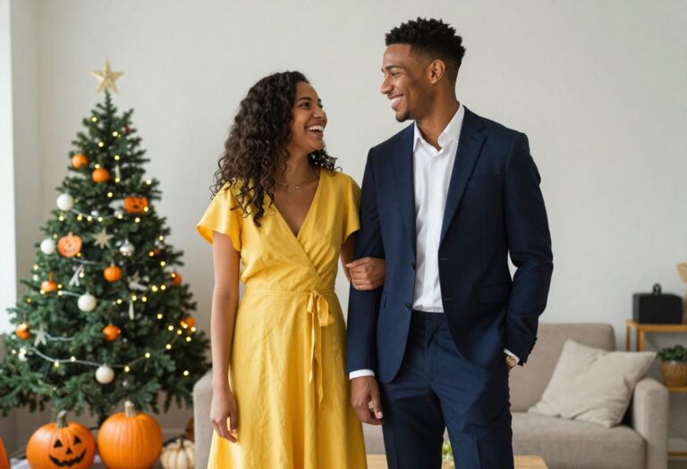 Interracial couple in La La Land inspired Halloween costumes, laughing together in a cozy living room