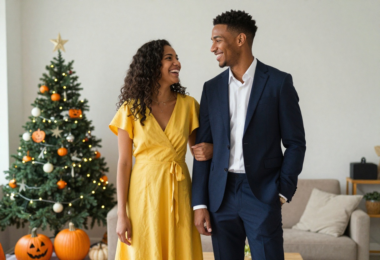 Interracial couple in La La Land inspired Halloween costumes, laughing together in a cozy living room
