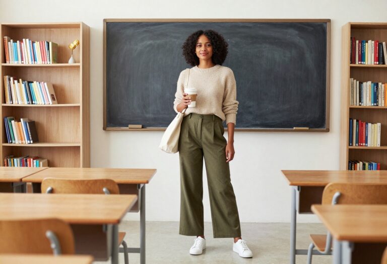 Teacher wearing a cozy knit sweater and wide-leg trousers with white sneakers in a classroom