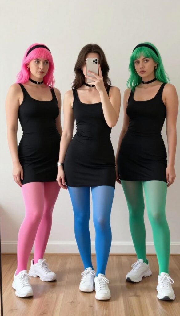 Three women in black mini dresses and colored tights (pink, blue, green) posing for a mirror selfie, each wearing a matching headband and choker, with chunky white sneakers, in a bright room.