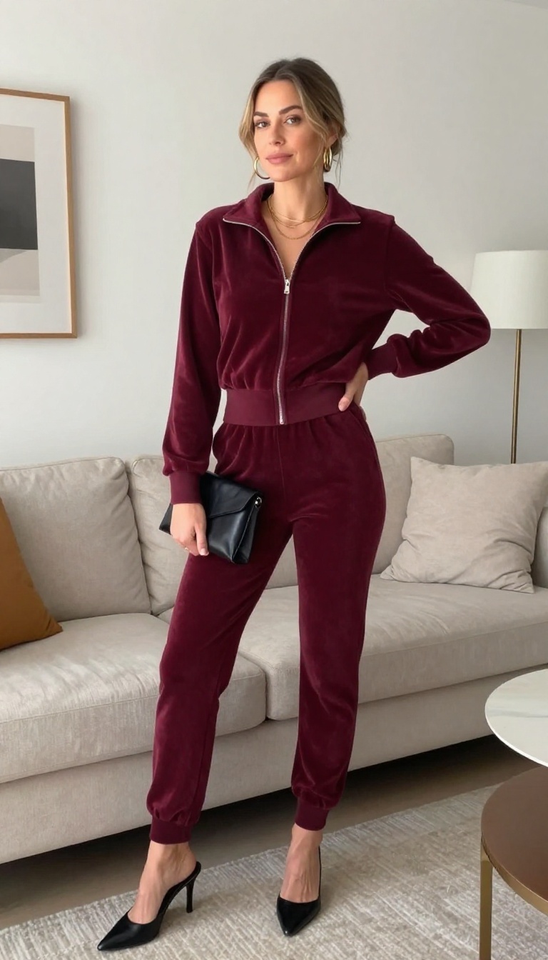 5. Velour Tracksuit with Statement Jewelry