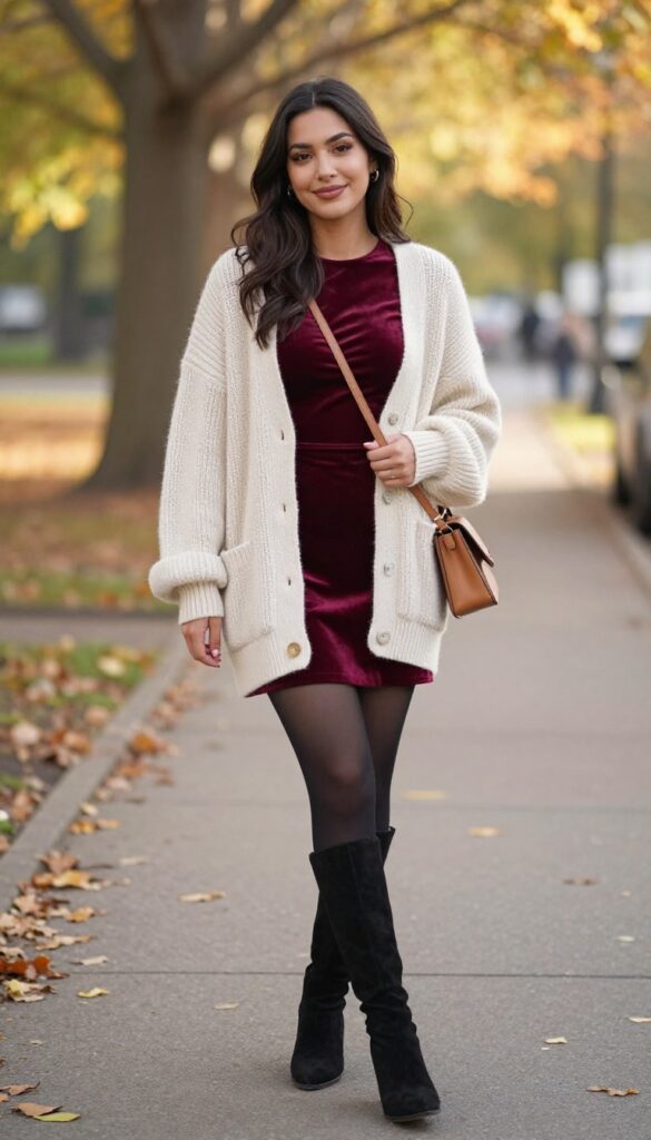 1. Velvet Mini Dress with Chunky Knit Cardigan