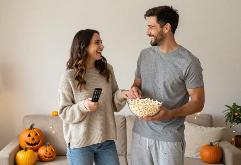 Couple in cozy matching pajamas holding remote and popcorn for Halloween costume