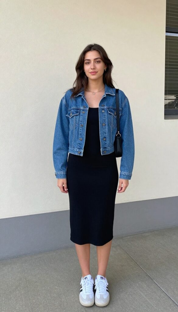 13. Black Slip Dress with Denim Jacket