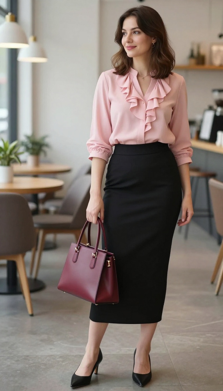 13. Ruffled Blouse and Pencil Skirt