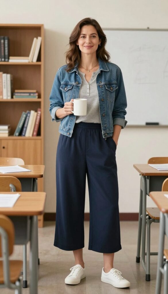 9. Culottes with a Henley and Denim Jacket