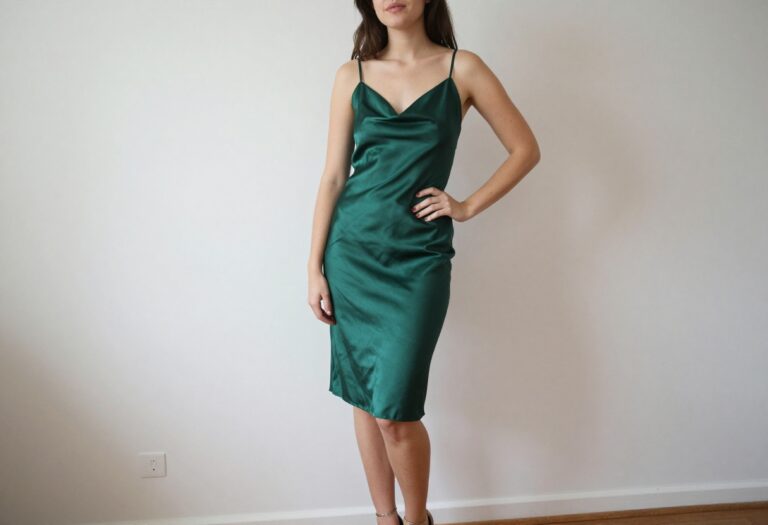 Young woman in a tight emerald satin slip dress with strappy heels, posing for a homecoming party outfit photo