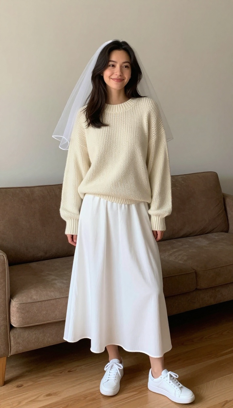 1. Cozy Ghost: White Sweater + Flowy Skirt