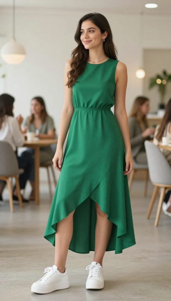 9. Jade Green High-Low Dress with Platform Sneakers