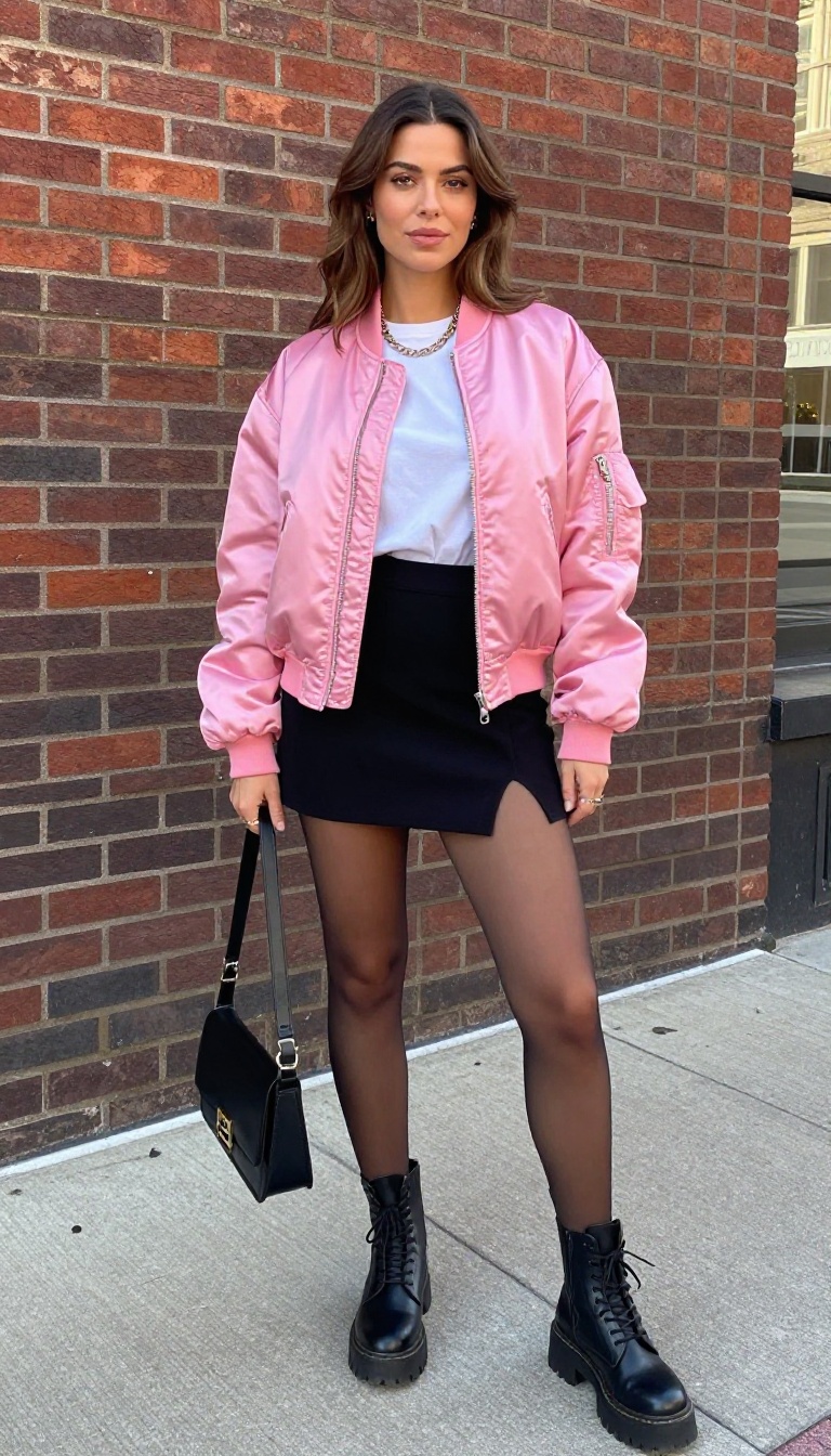 10. Bomber Jacket with a Mini Skirt and Chunky Boots