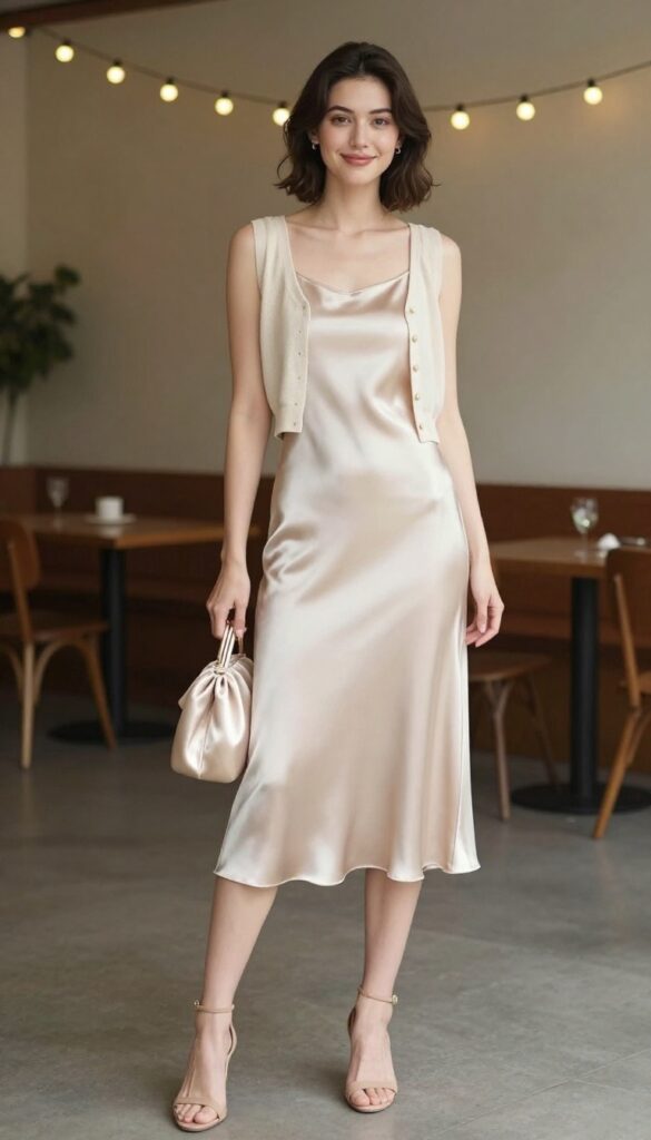 12. Elegant Satin Slip Dress with Cardigan