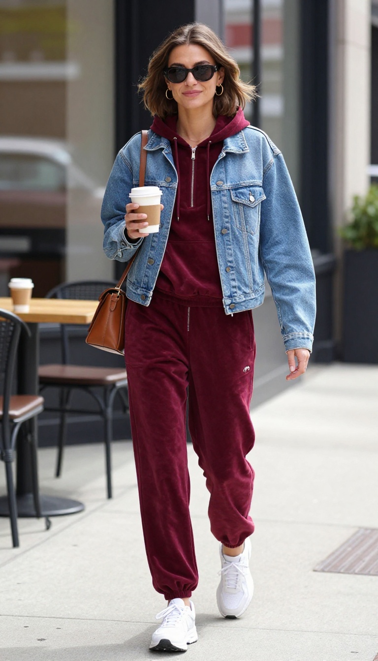 10. Velour Tracksuit with a Denim Jacket