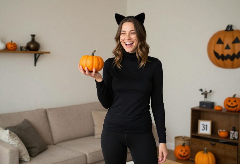 Woman in a last-minute black cat Halloween costume with cat ears and whiskers, holding a pumpkin.
