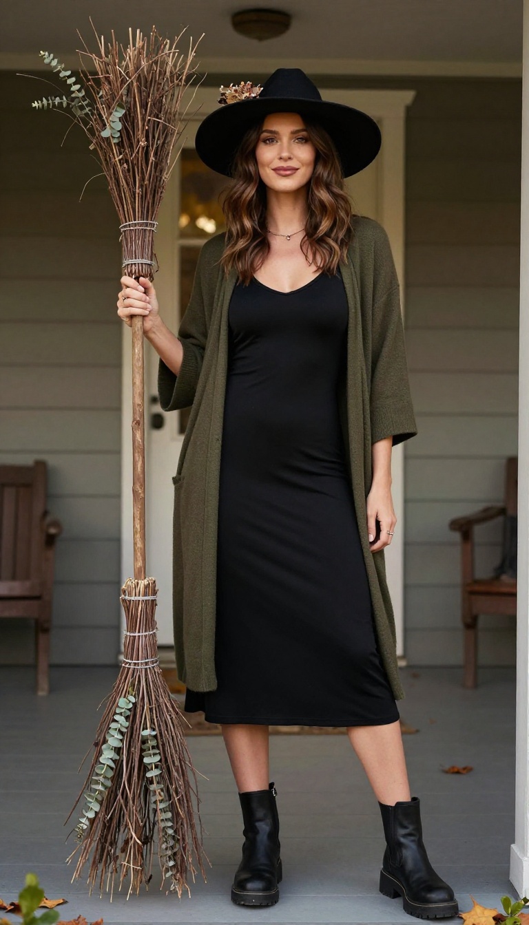 5. The Modern Witch: Black Dress, Wide-Brim Hat, and a Broom