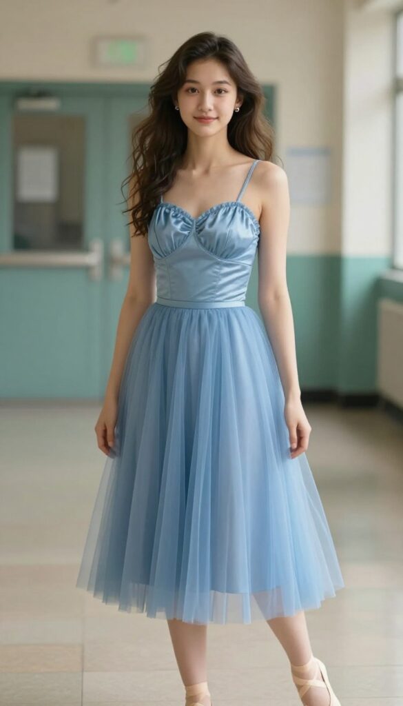 4. Dusty Blue Tulle Skirt with a Fitted Bodice