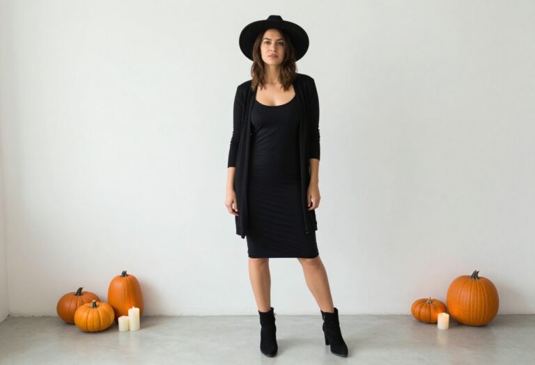 Woman in all-black Halloween outfit with wide-brim hat and ankle boots