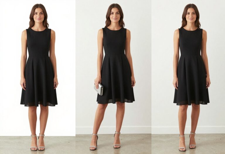 Woman in black A-line homecoming dress with silver heels and clutch, standing in a decorated venue.