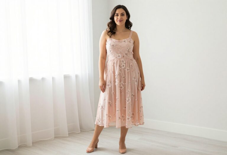 Young woman in a soft pink floral embroidered homecoming dress, standing in a bright room