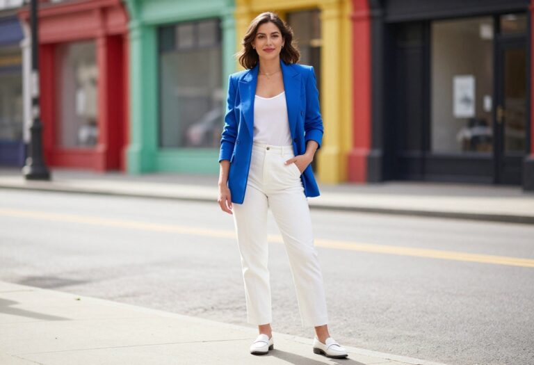 Woman wearing a modern 80s-inspired power suit in electric blue with white trousers and loafers, standing on a city street.