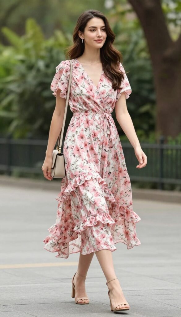 2. High-Low Floral Dress with Ruffled Hem
