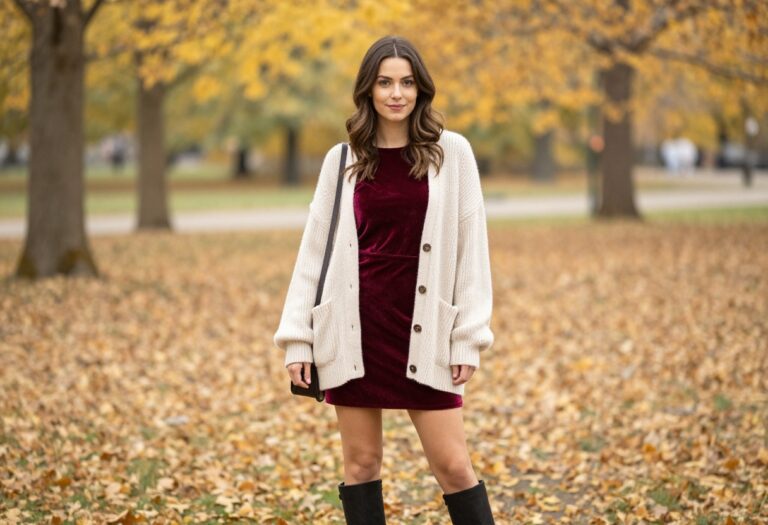 Woman in burgundy velvet dress with cream cardigan and ankle boots in autumn park